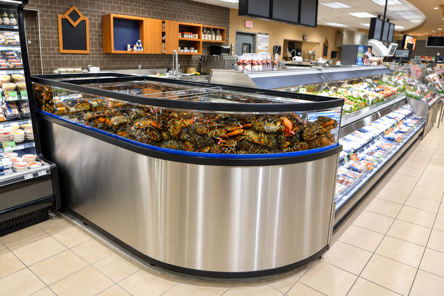 Lobster tank filled with lobsters in a grocery store Lobster tank filled with lobsters in a grocery store